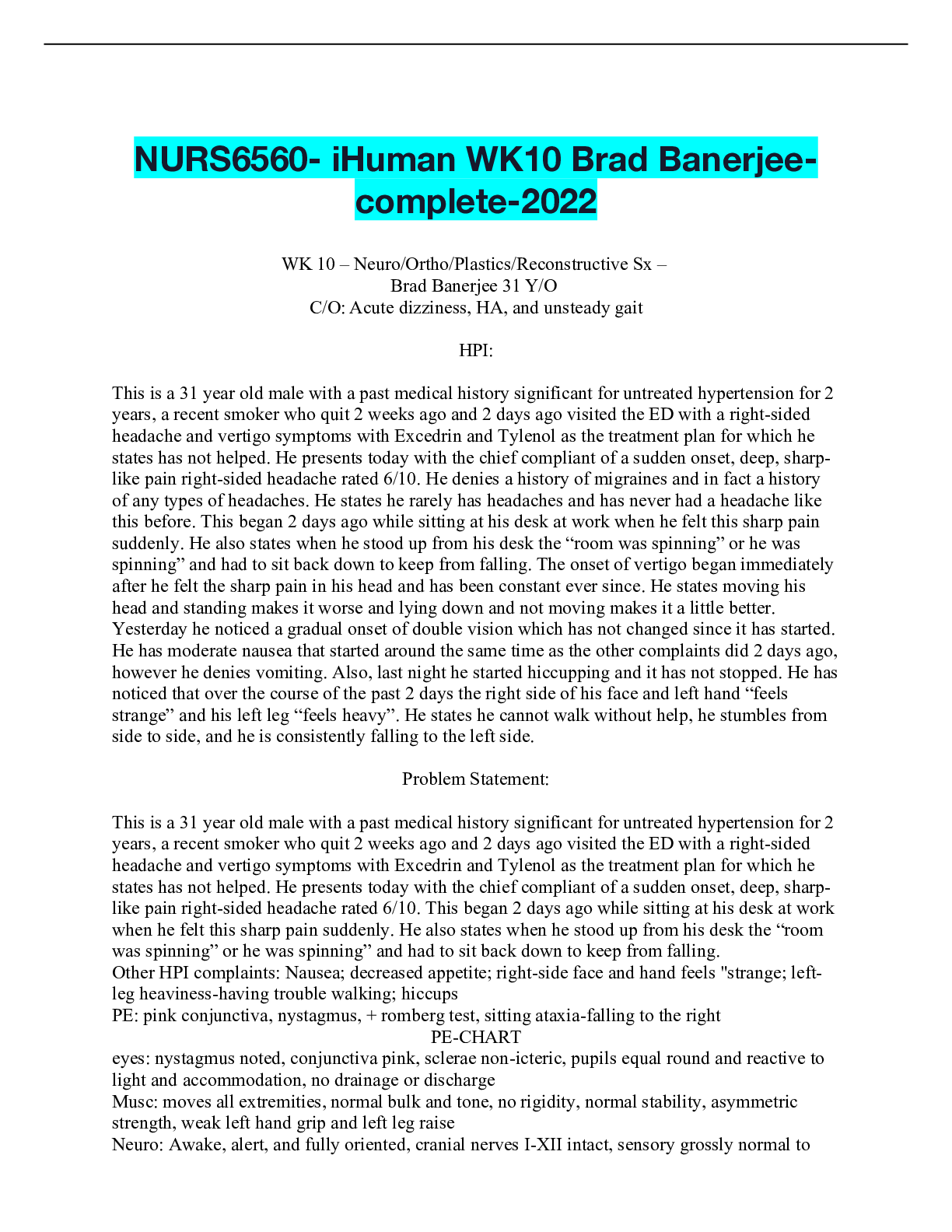 Recommended document preview for NURS6560- iHuman WK10 Brad Banerjee-complete-2022
